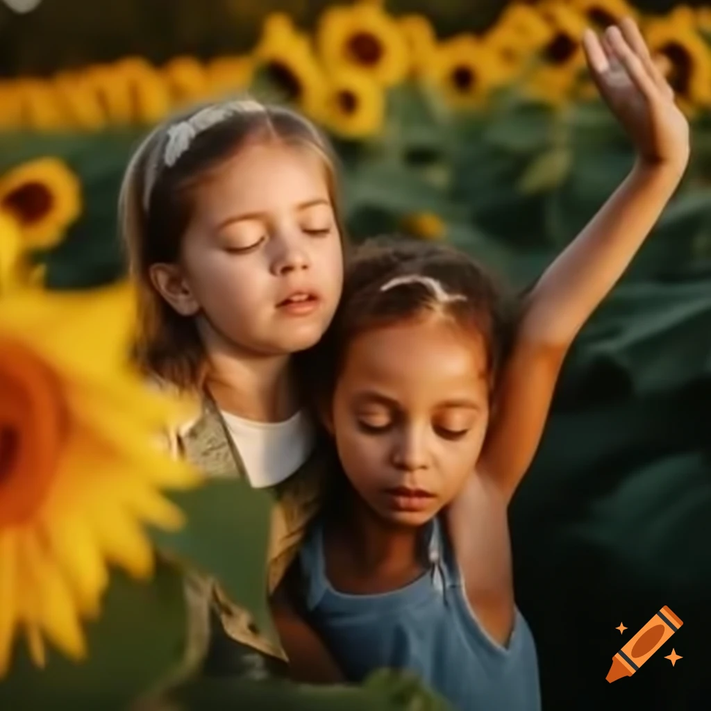 Child playing among bright sunflowers in sunlight, exuding joy