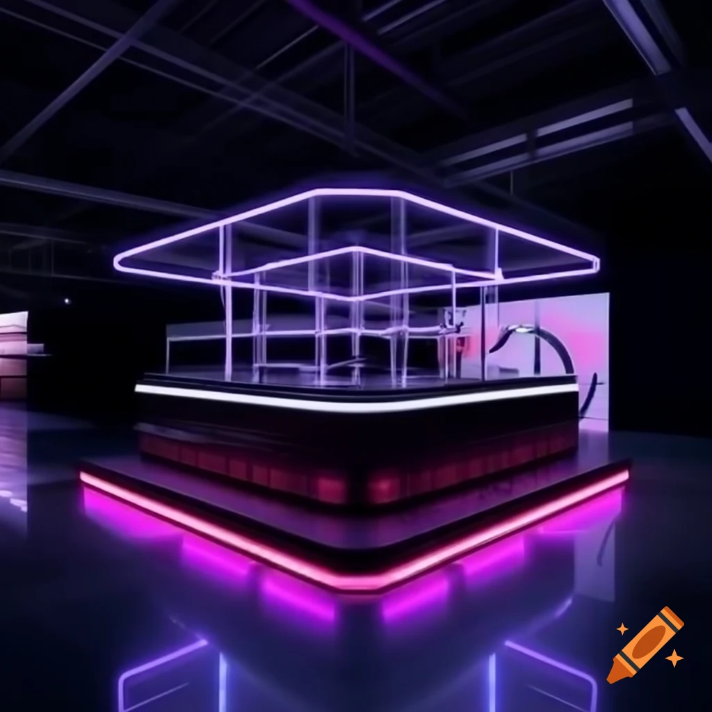 Coca Cola exhibition stand with double deck, high bar seating, and neon lights in dark warehouse