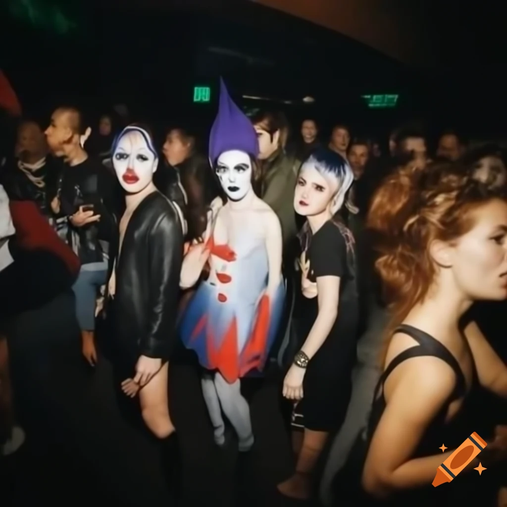 Crowd of people in scary costumes at Halloween party in nightclub