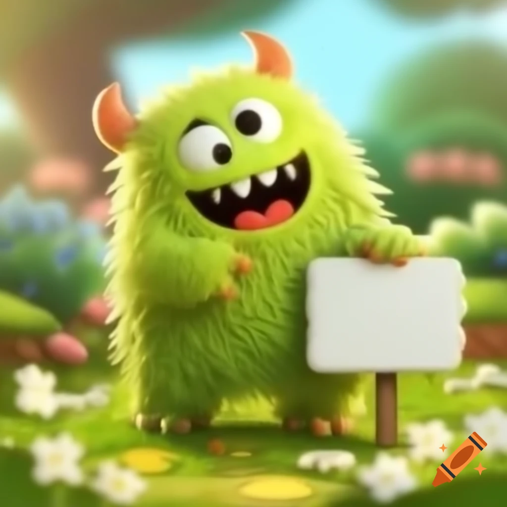 Happy monster in flower garden holding blank sign
