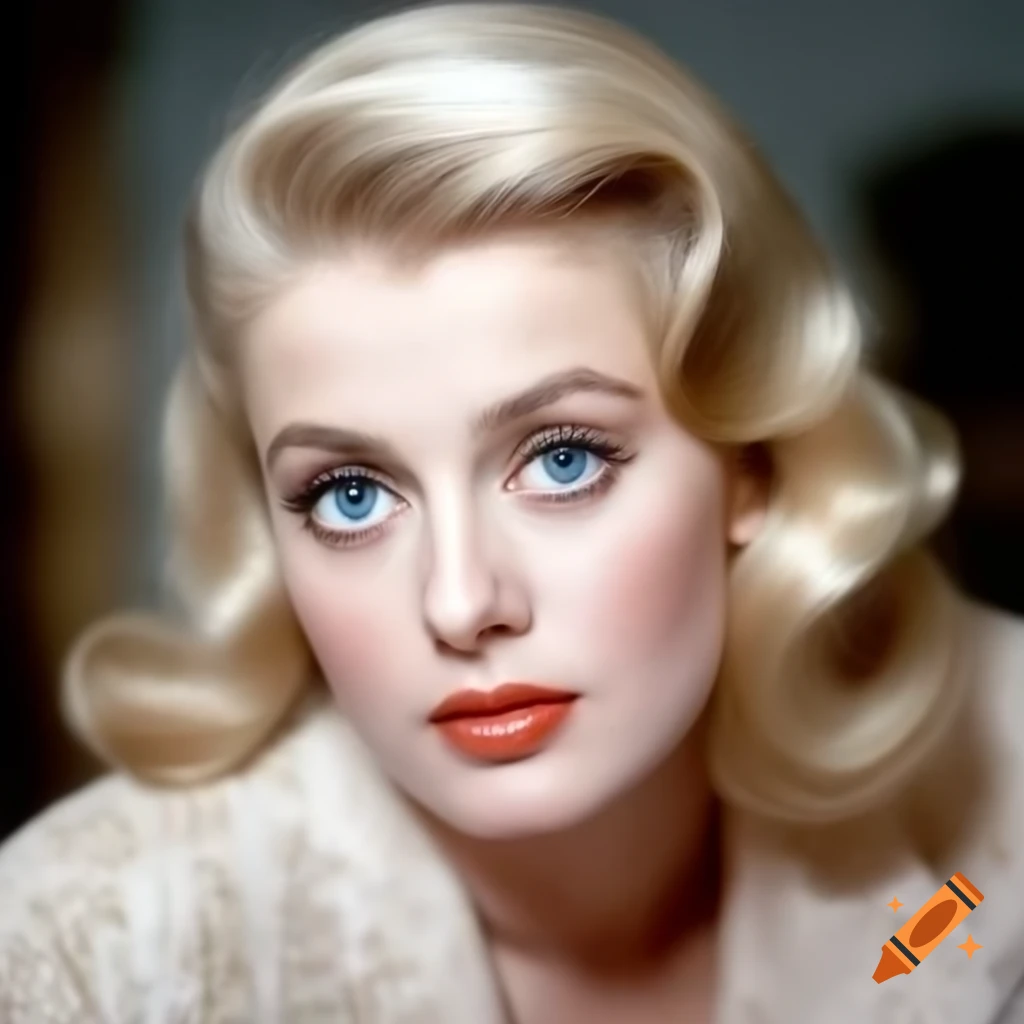 Hyper-realistic portrait of a European actress from 1963 with porcelain skin and striking blue eyes