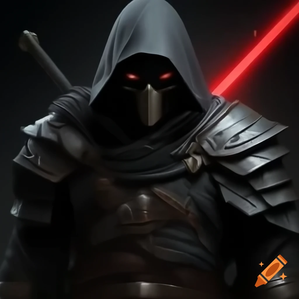 Dark warrior in fit clothing and black robe with hood, face hidden in shadow