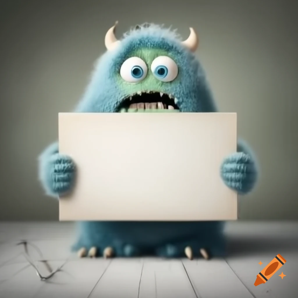 Scared monster holding small blank white sign