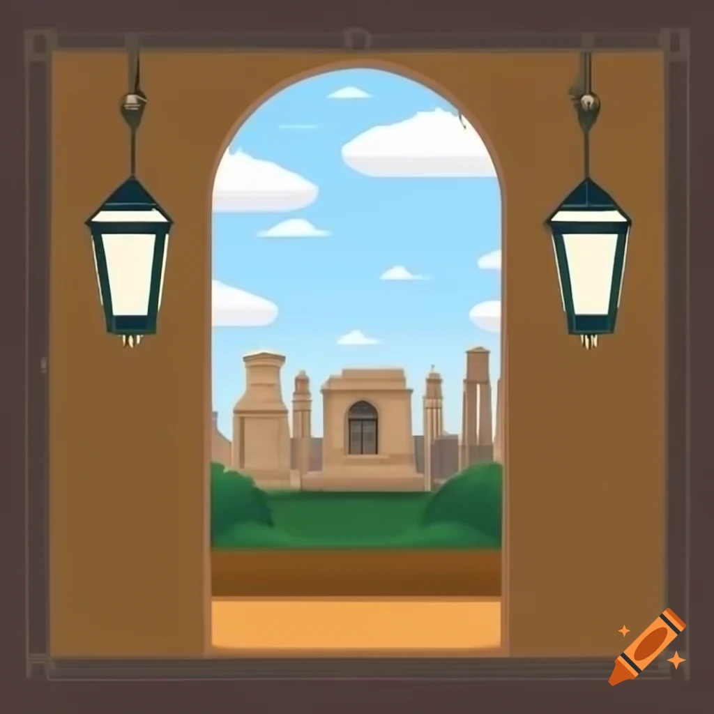 Urban landscape featuring ancient buildings framed by old trees and vintage lanterns