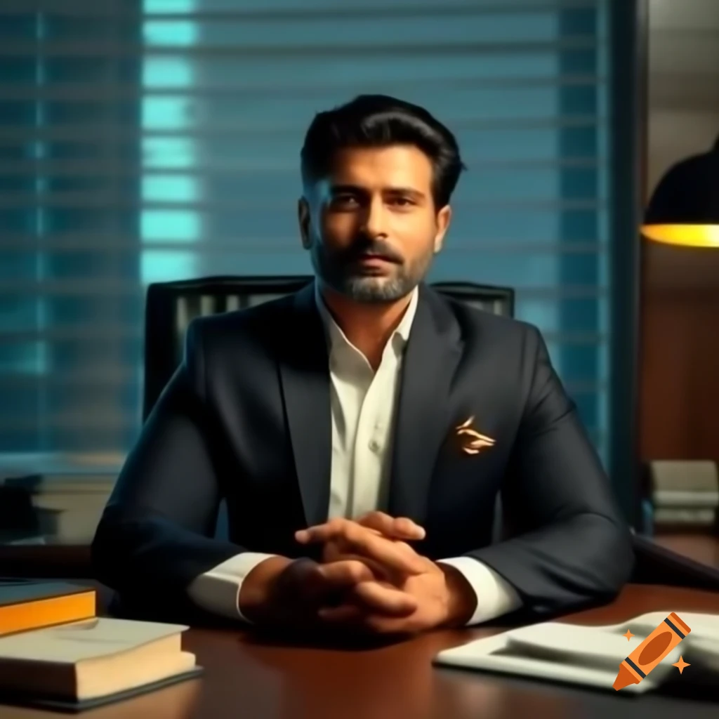 Confident Indian man in tailored suit sitting at office desk