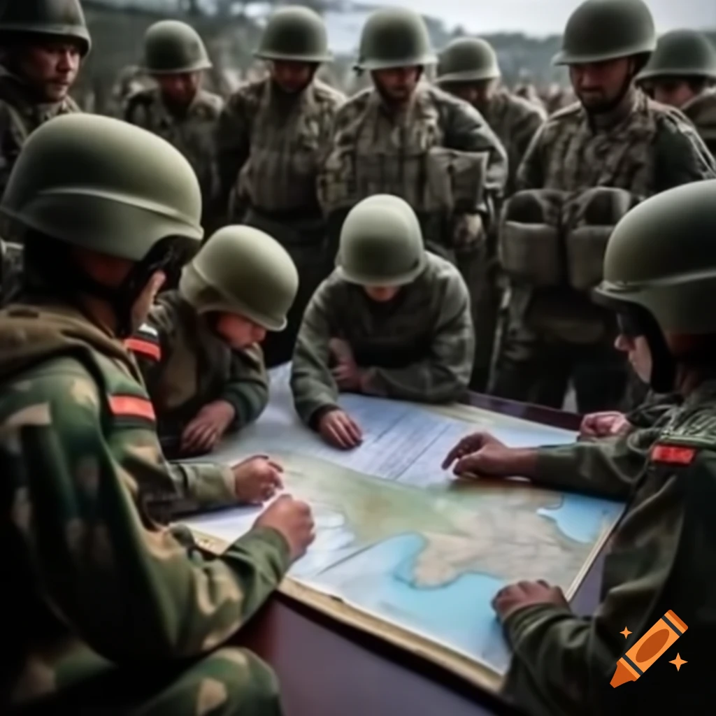 Indian military strategists analyzing Chinese battle map with soldiers at communication workstations