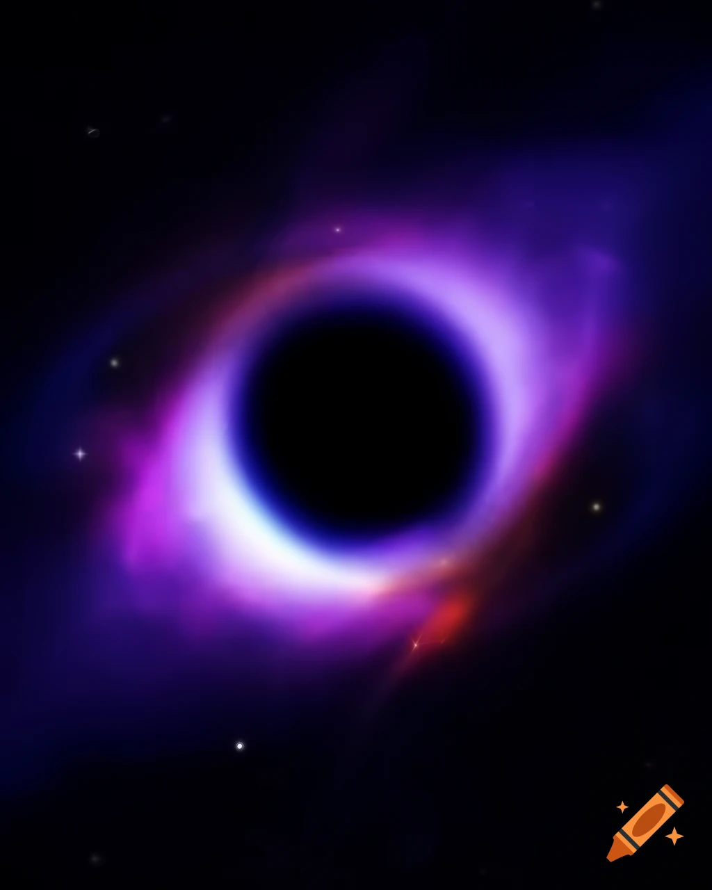 Realistic depiction of black hole surrounded by stars in dark blue and black hues