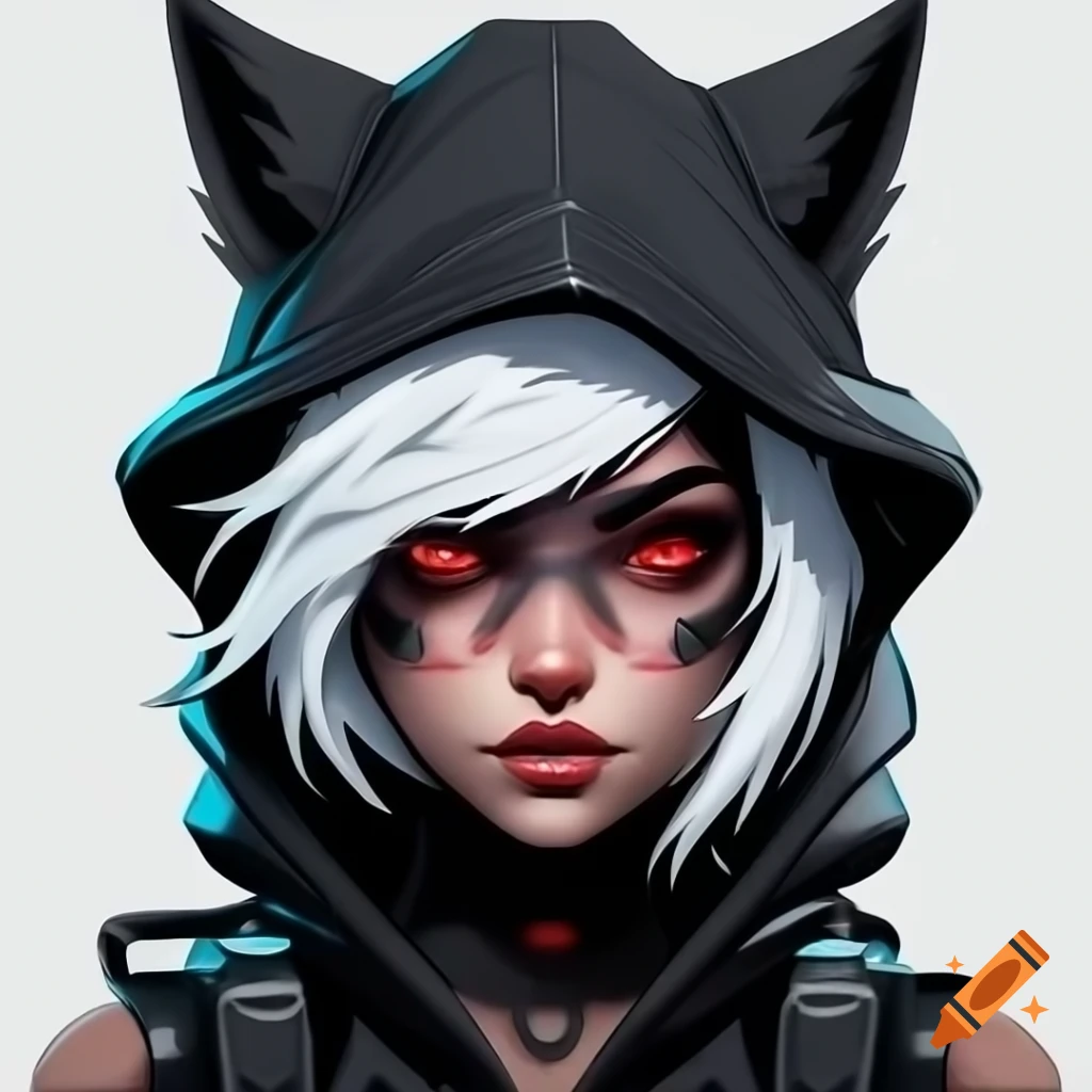 Cyberpunk netrunner girl with white hair and wolf ears, wearing a hood