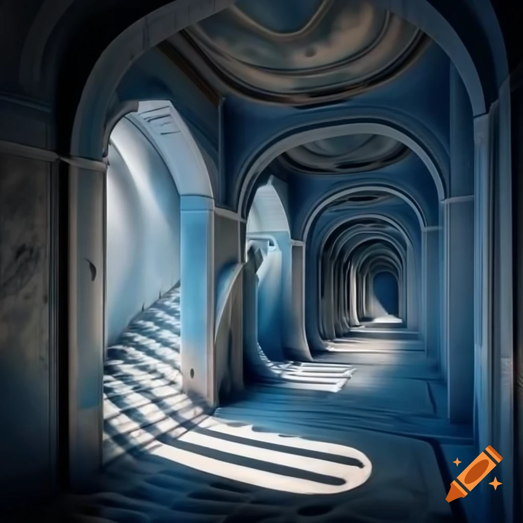 Winding hallway of blue marble with arched ceiling and soft sunlight