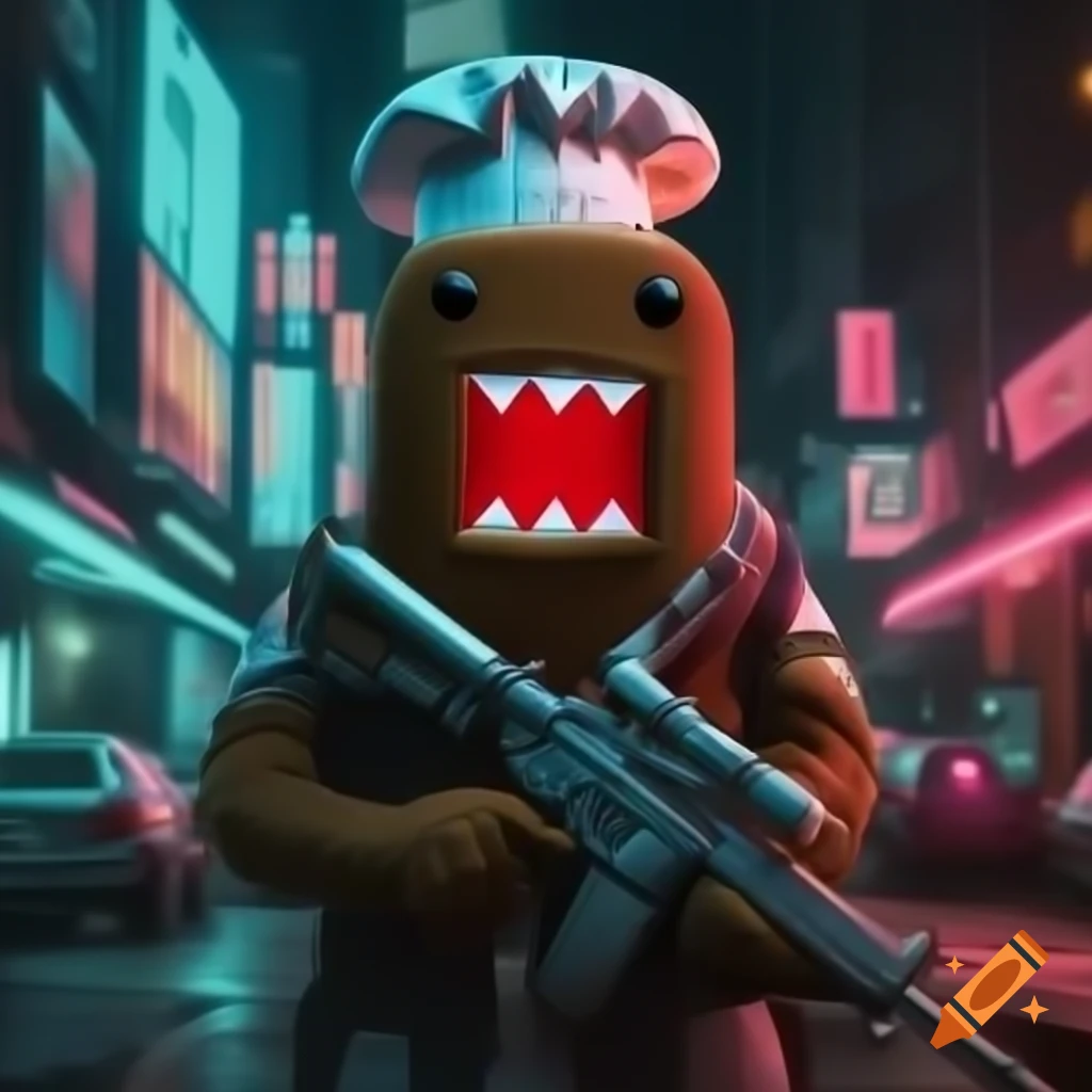 Domo-kun as a cyberpunk soldier in neon city holding futuristic rifle