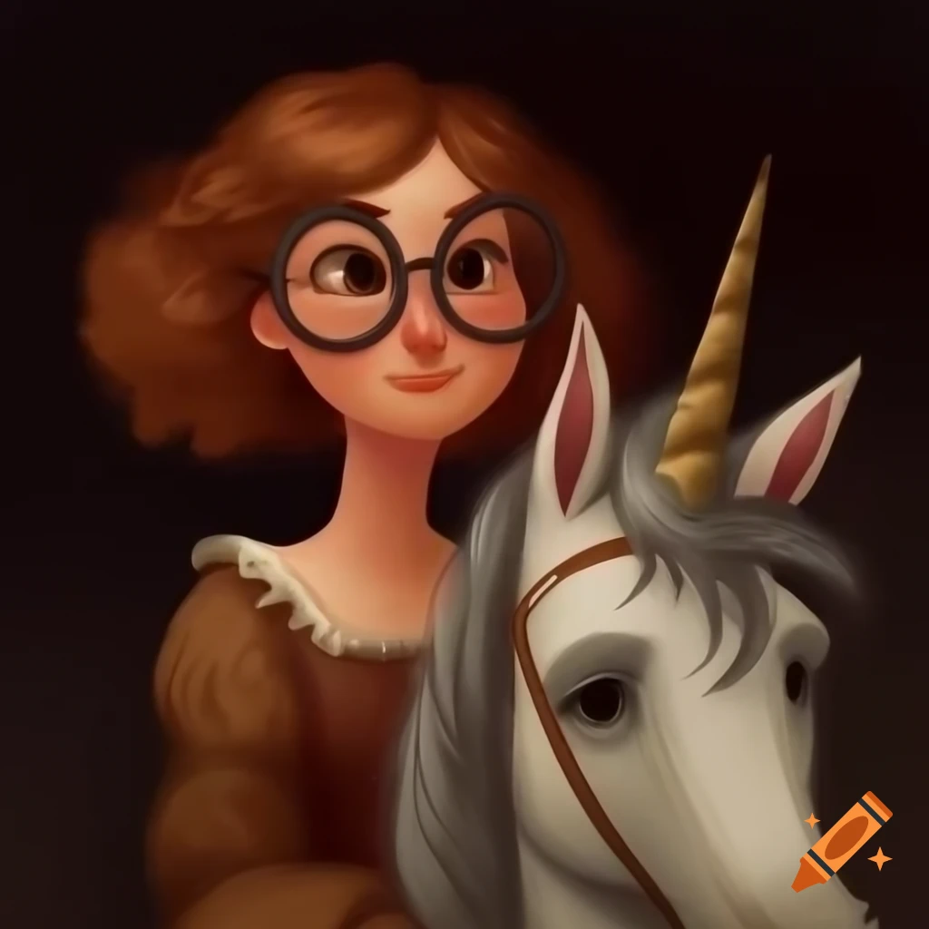 Renaissance painting of woman with glasses riding a unicorn
