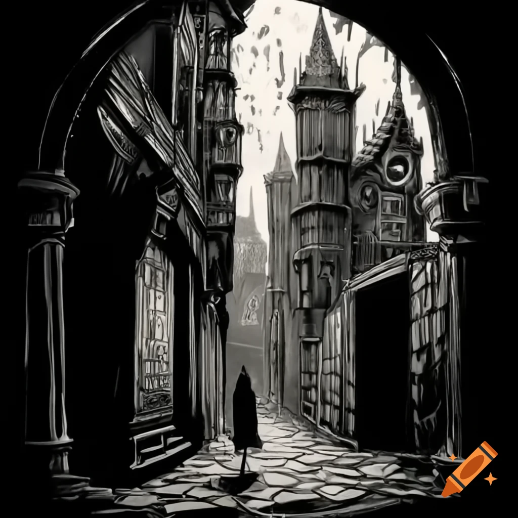 Monochromatic pen and ink drawing of narrow alleyway with gothic buildings