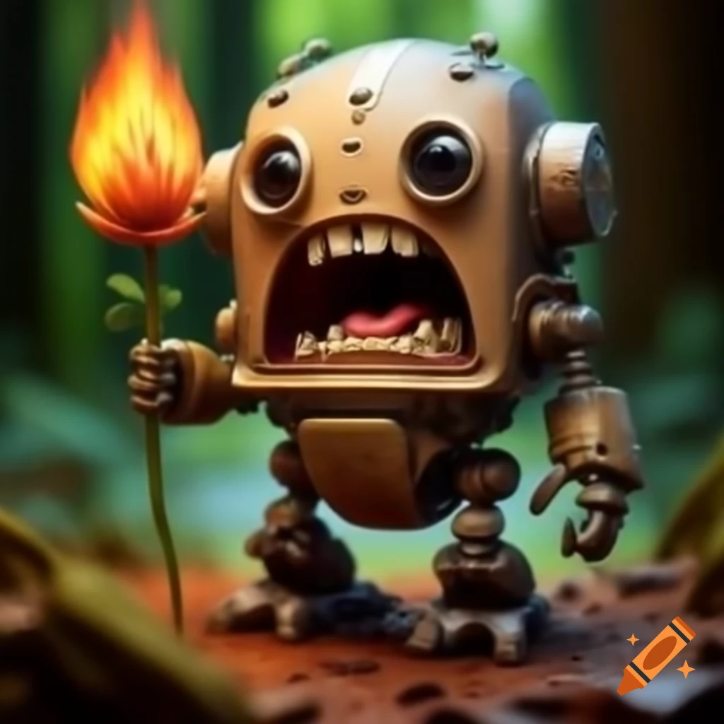 Cartoonesque roaring robot holding burning flower in forest, highly detailed
