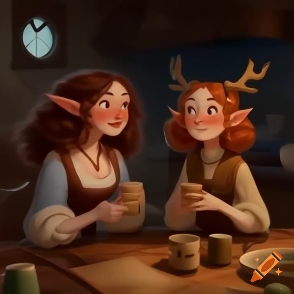Two women at a cottage kitchen table, one in medieval peasant dress
