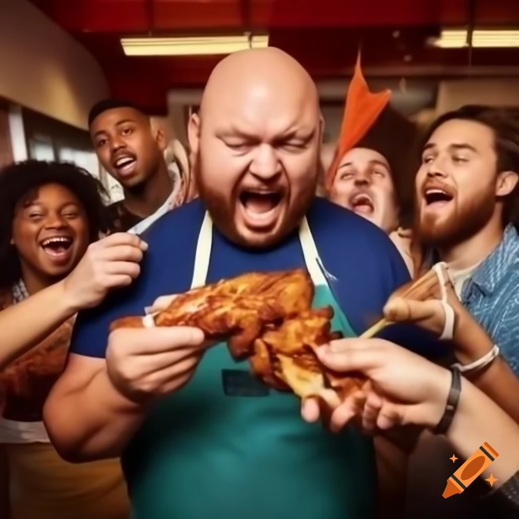 Bald man sharing kebabs with friends