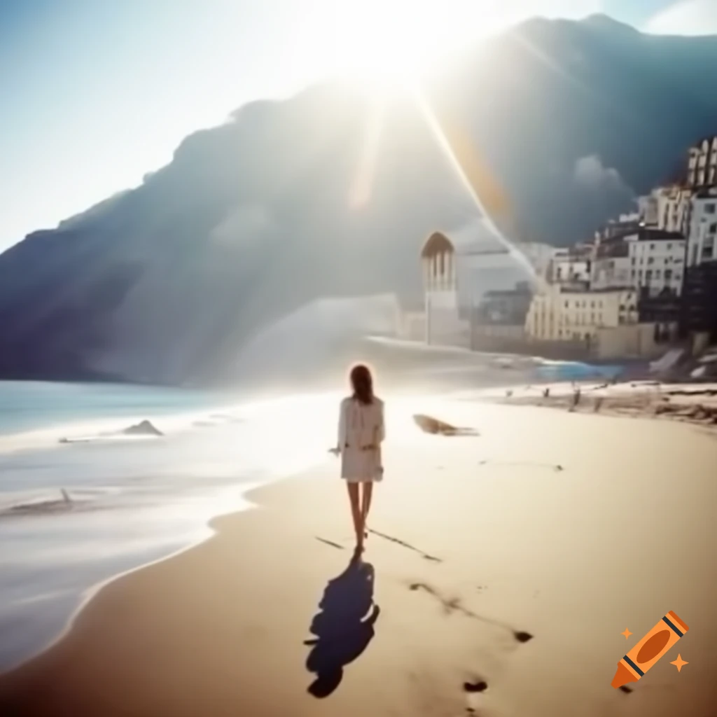 Person walking barefoot on sandy beach towards picturesque Italian coastal town