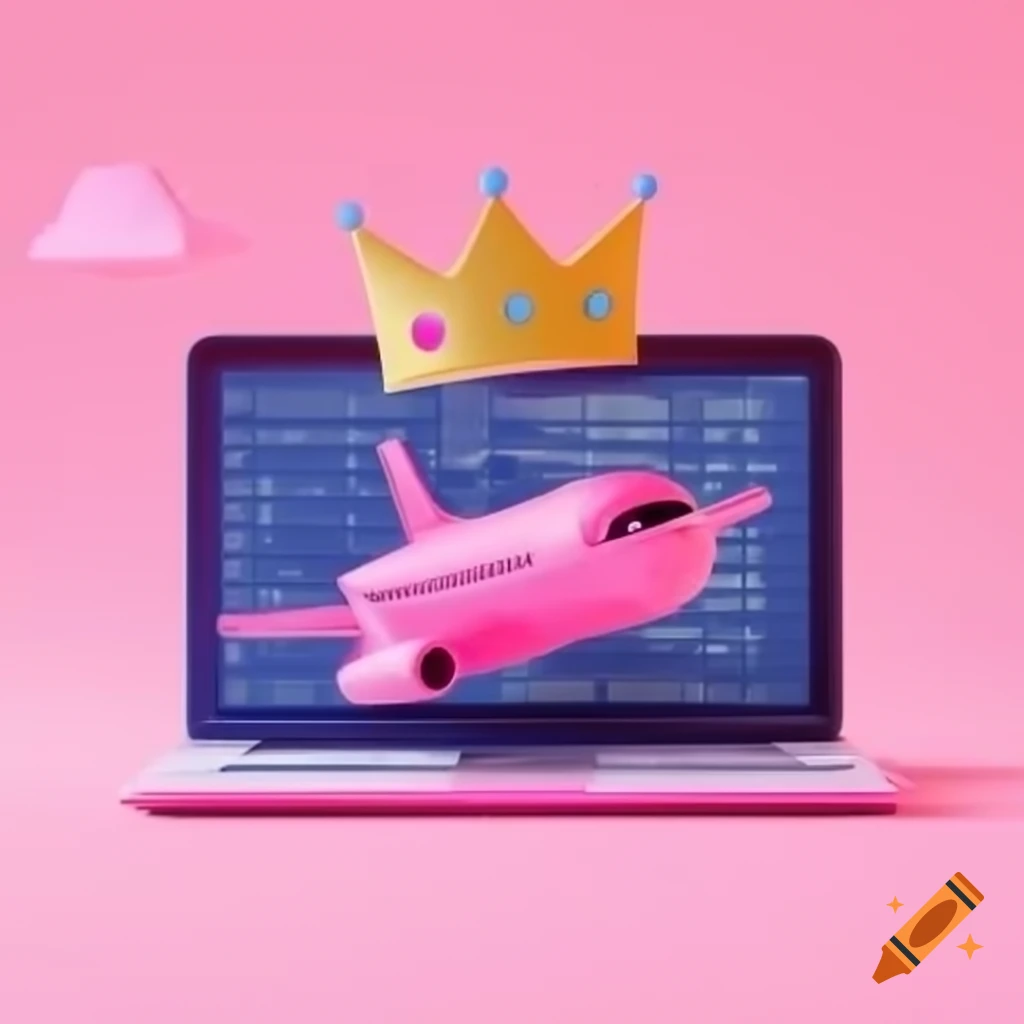 Laptop displaying code next to a crown and pink airplane on pink