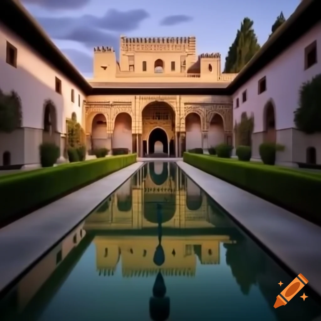Lion's Courtyard in Alhambra with marble lions and twilight sky