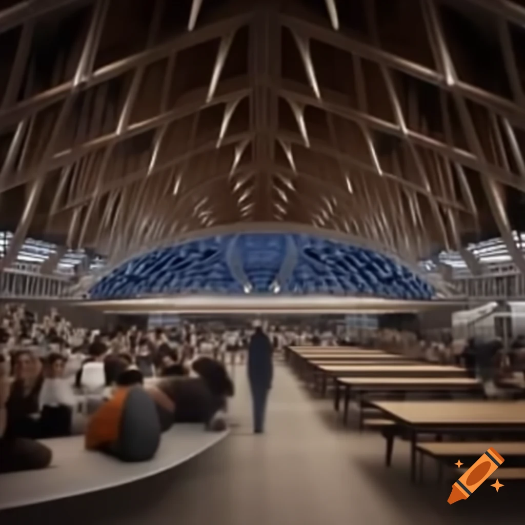 Interior of a space station cafeteria with futuristic design