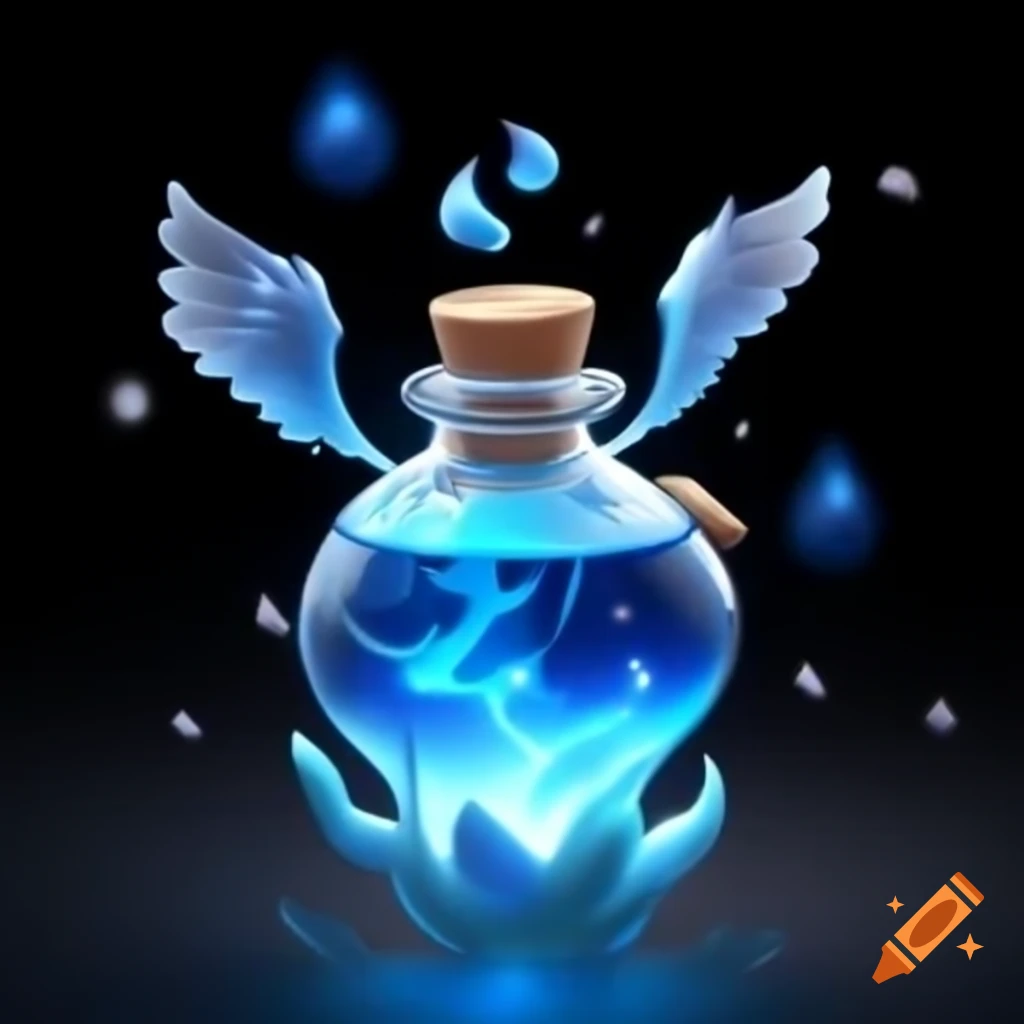 Whimsical potion bottle with blue fire and delicate wings on craiyon