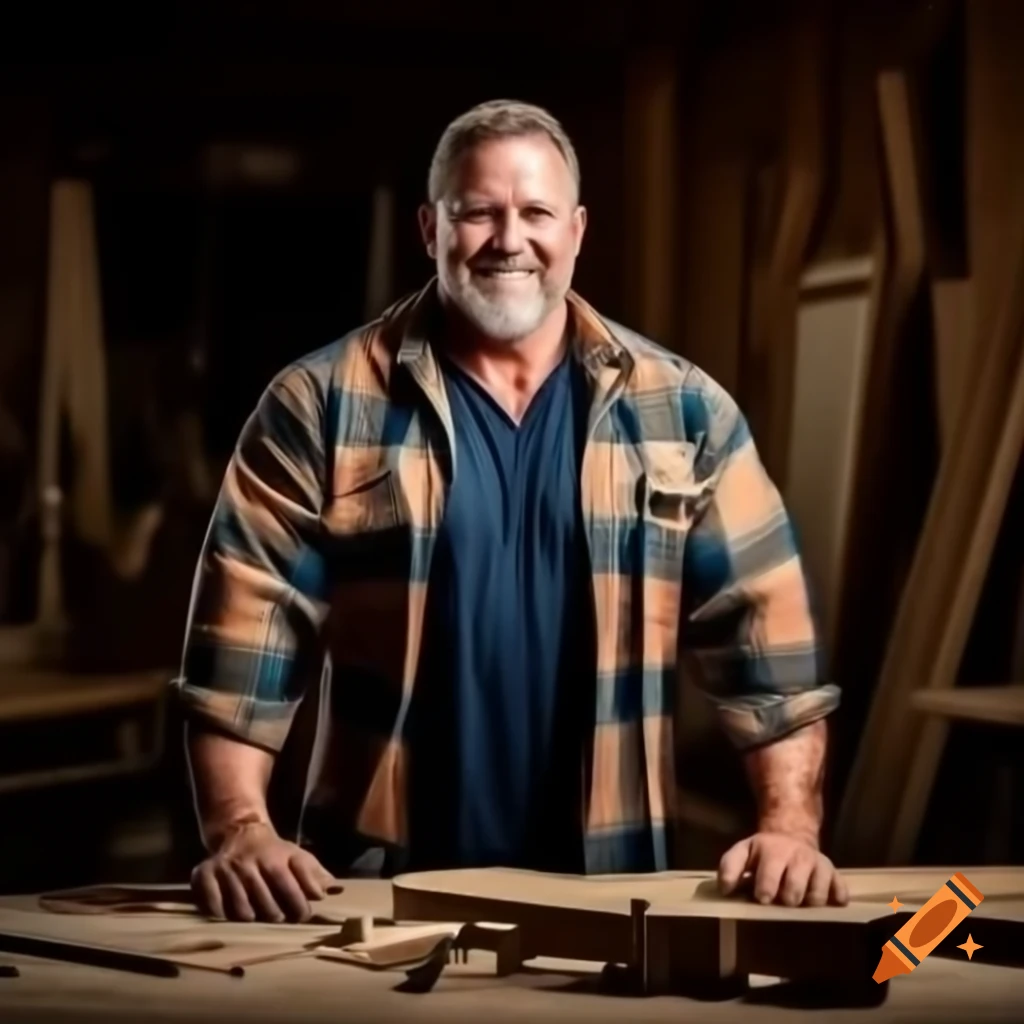 Muscular man in work jacket standing in woodworking workshop with tools
