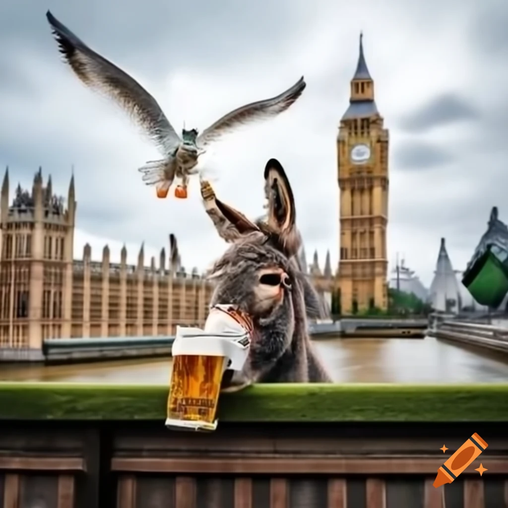 Donkey drinking beer next to seagull by Big Ben