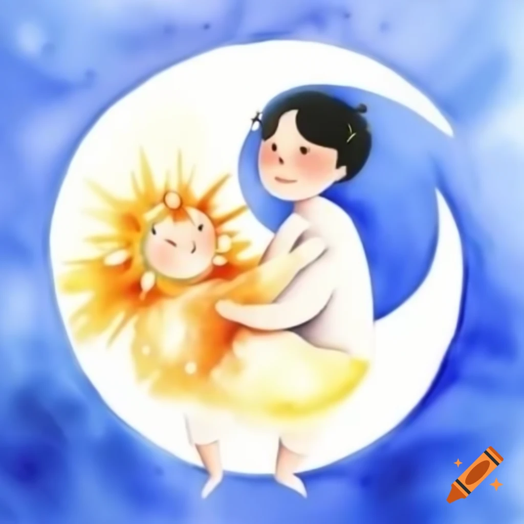 Yin yang depiction of sun and moon characters in bright watercolor