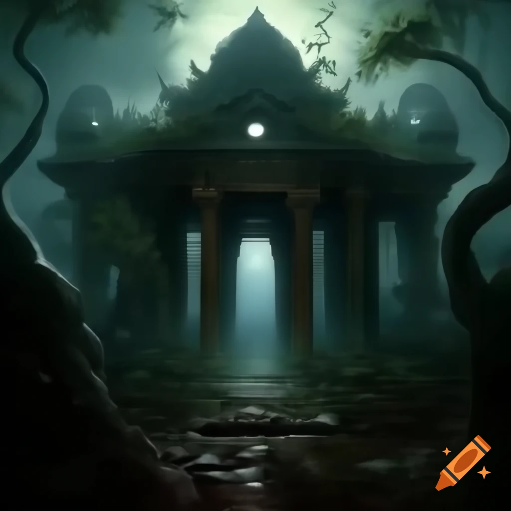 Panoramic view of ancient temple overgrown with vines in misty jungle