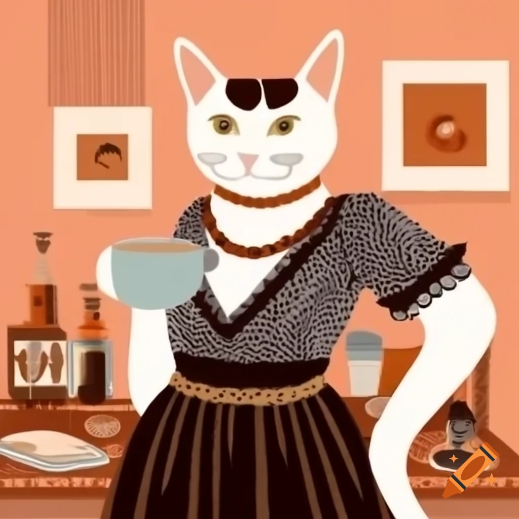 Cat in dark silver dress holding designer cup of coffee in warm toned watercolor painting