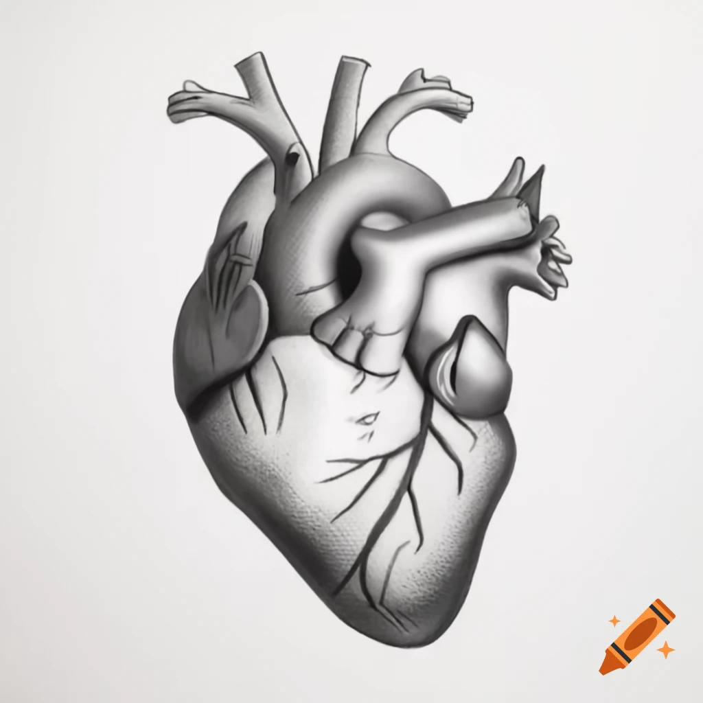 Anatomically correct pencil drawing of heart with congenital defect