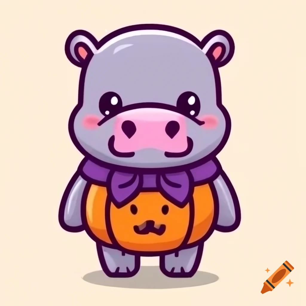 Kawaii hippo dressed for Halloween in coloring page style
