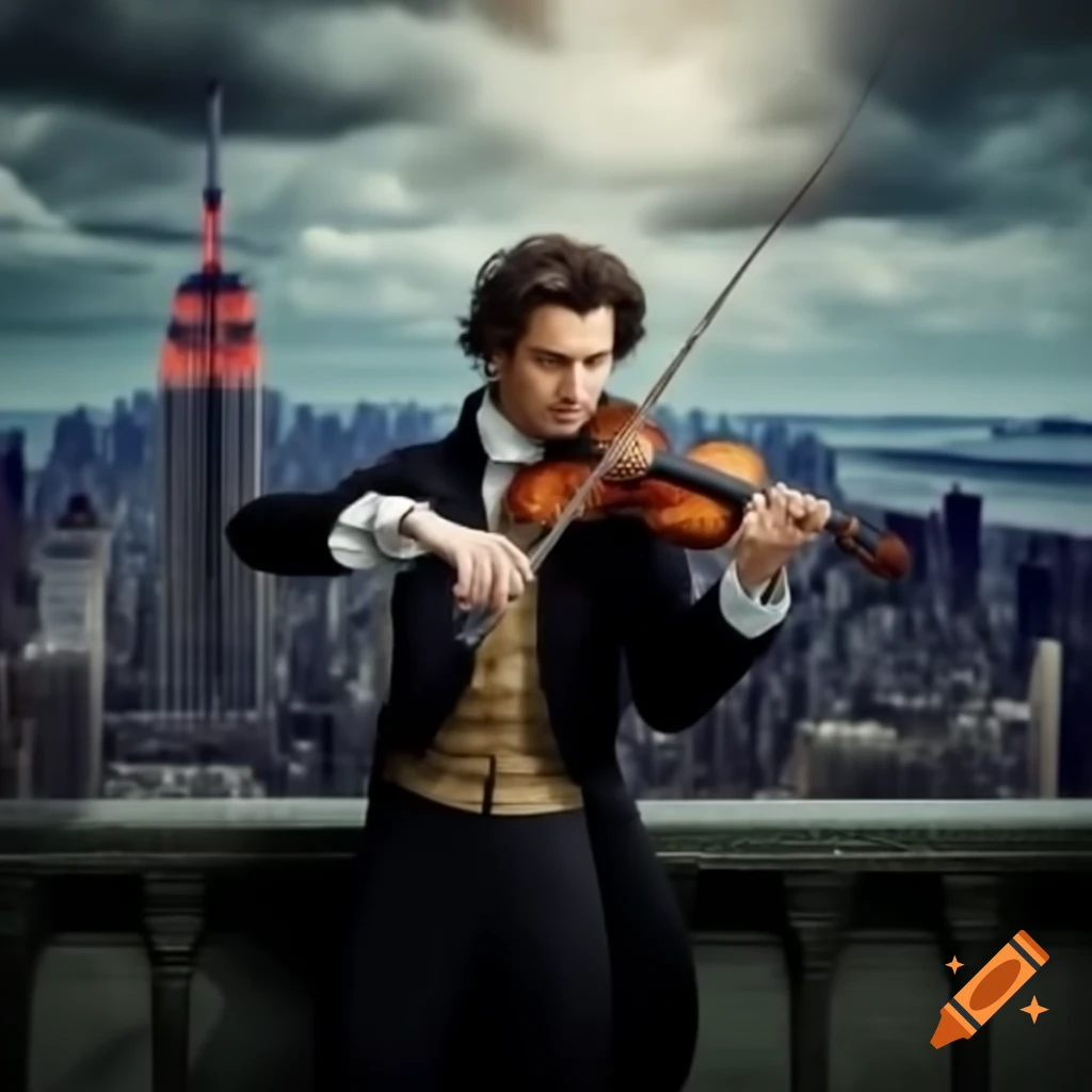 Mozart playing violin atop Empire State Building