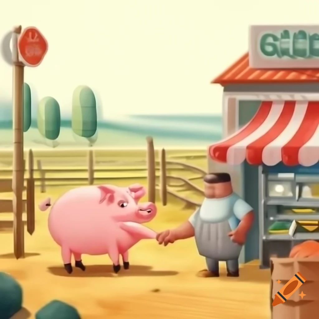 Pig shaking hands with businessman on farm