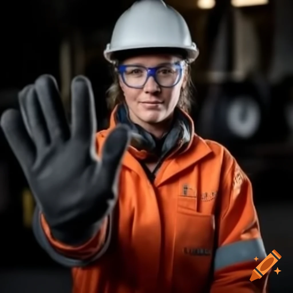 Female Worker In Safety Gear Signaling On Fpso With Equipment Nearby On 