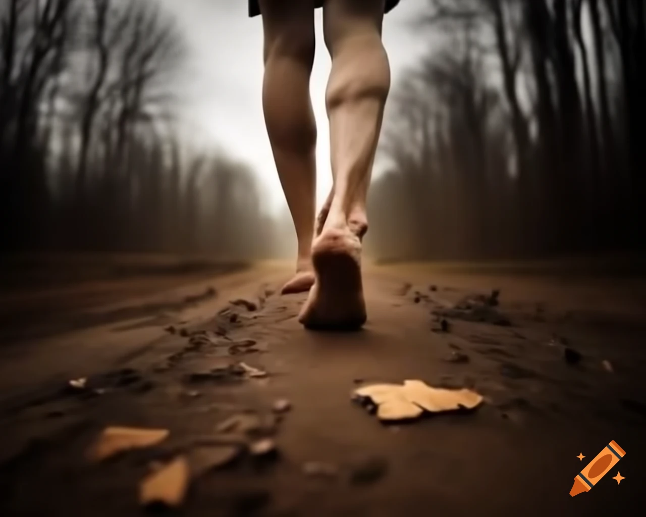 Close-up of feet walking on dirt path in quiet forest with fallen leaves