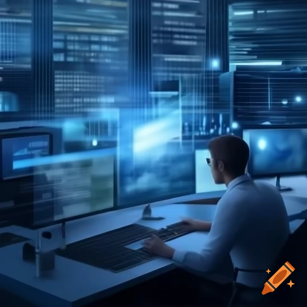 Santa claus as data scientist analyzing business metrics on displays on