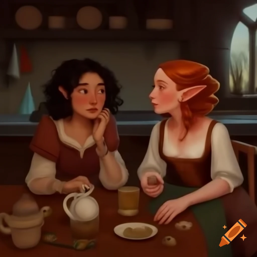 Charming kitchen scene with two women at a cottage table in medieval attire