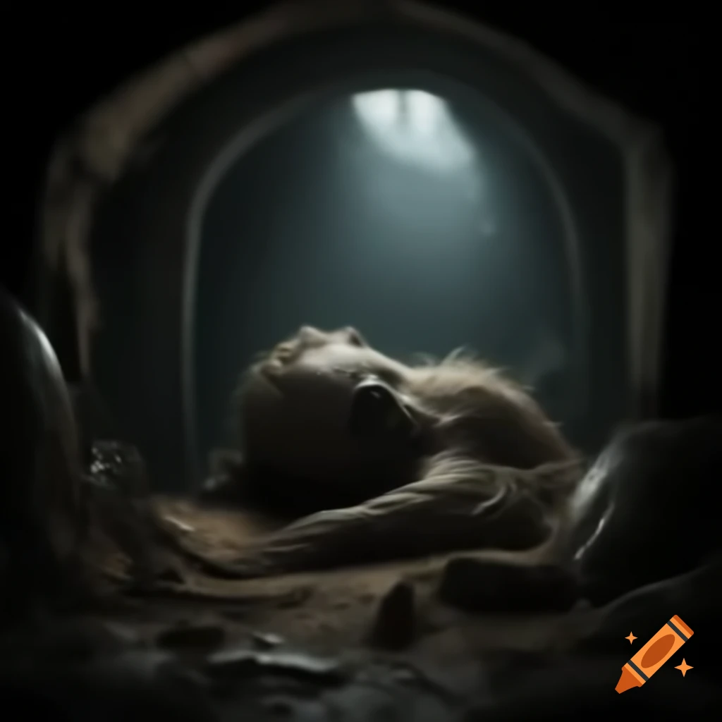Creepy entity lurking in dark catacombs with a man in the foreground