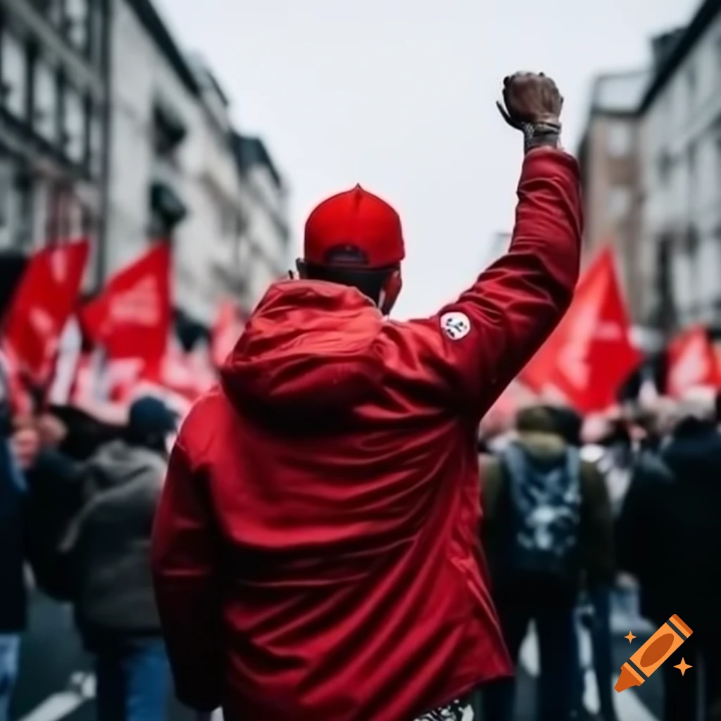 Man in red jacket and cap with raised fist in crowd at demonstration