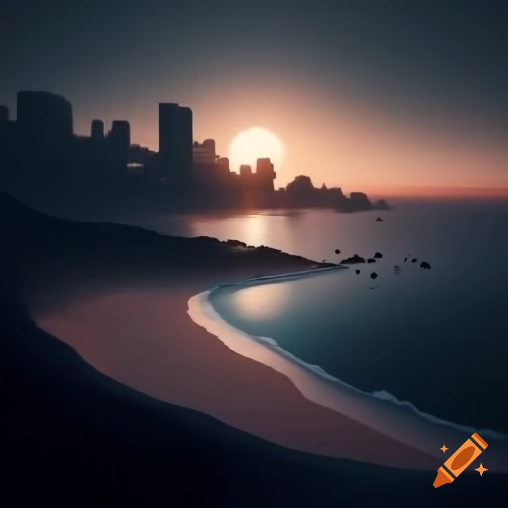 3D render of solitary beach at sunset in minimalism style