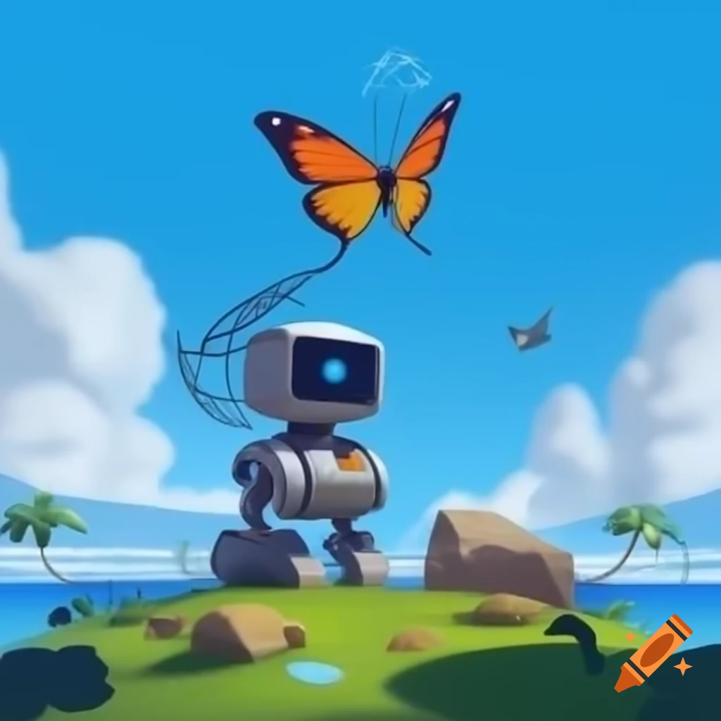 Butterfly landing on female robot on deserted island