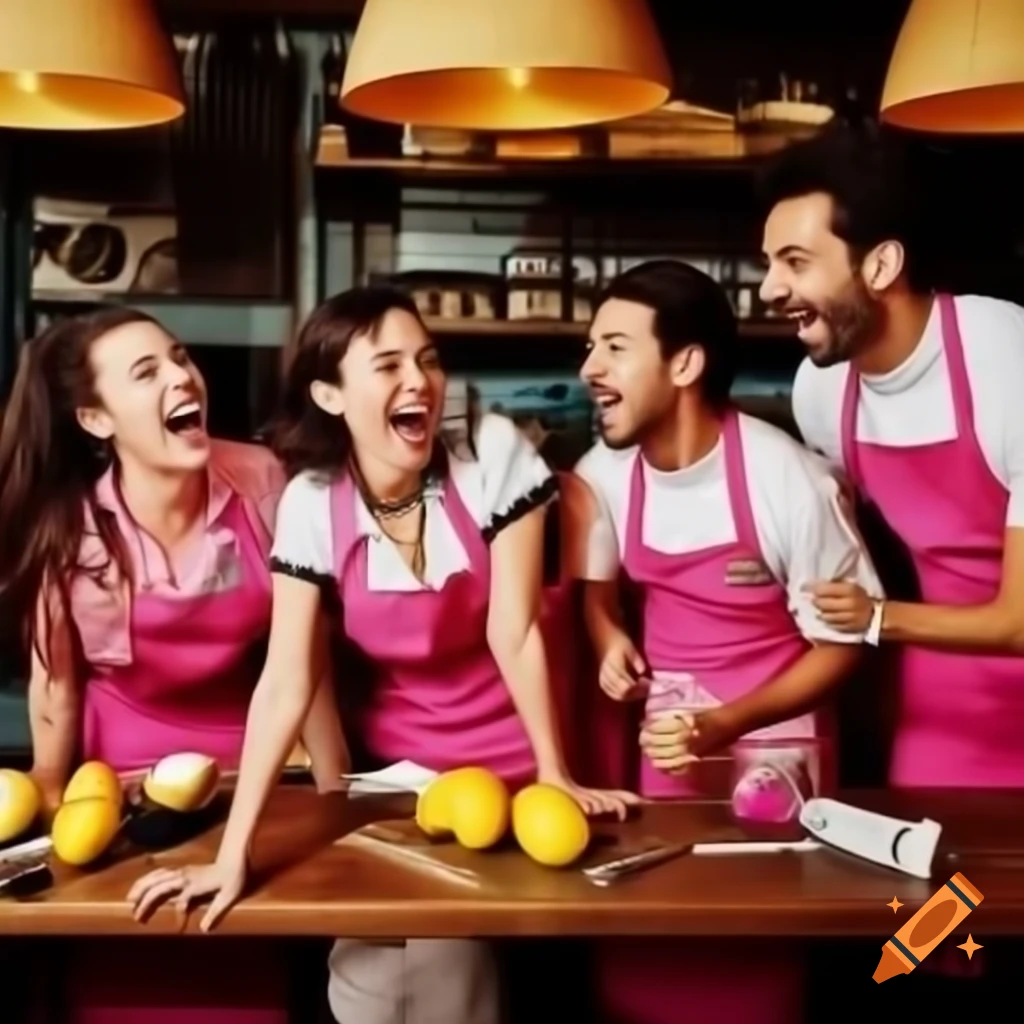 Employees in pink aprons at Italian lemon themed restaurant discussing their love for working at SIMONA