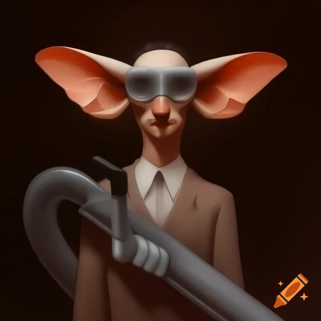 Husband with large ears holding a vacuum cleaner