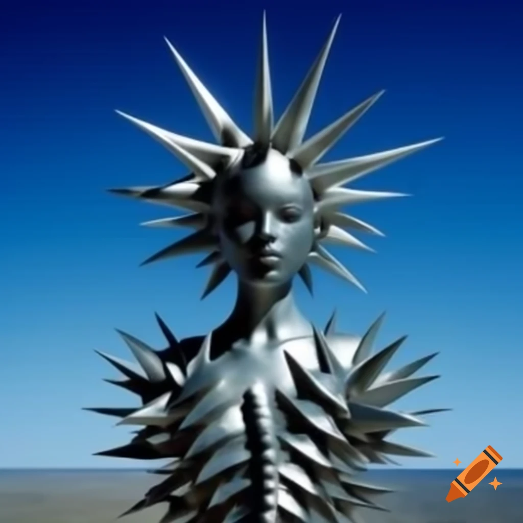 Pop surreal photography featuring anime-inspired spiky silver statue