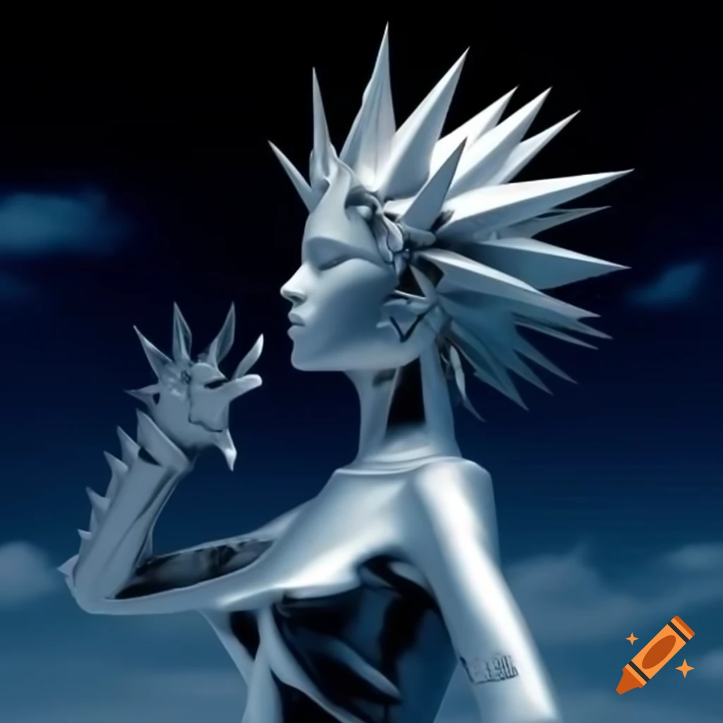 Pop surreal photography featuring anime spiky silver statue