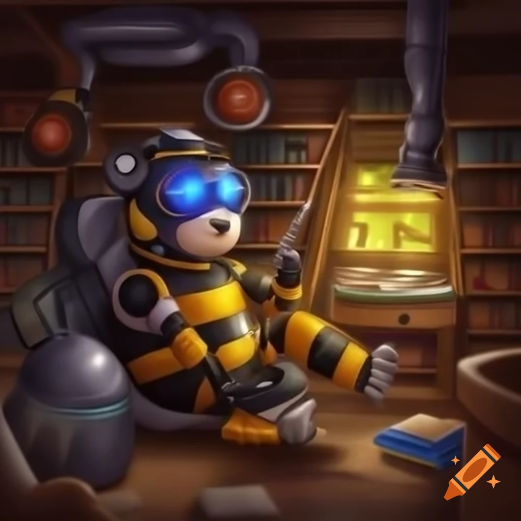 Robotic bear fighter pilot in bee costume fixing plumbing in haunted spaceship library shopping mall