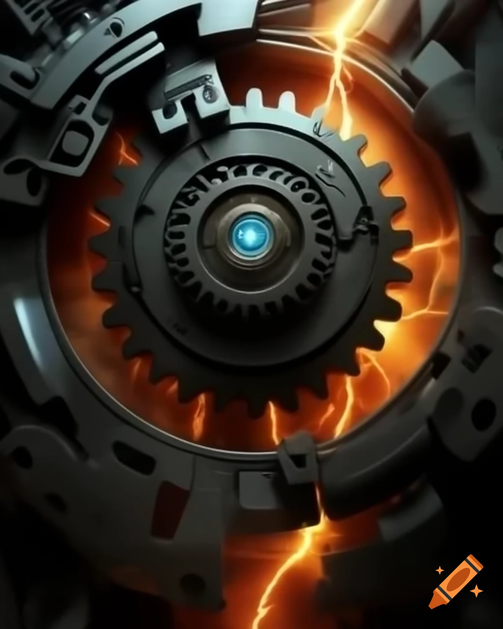 Mechanical gear with orange lightning effects