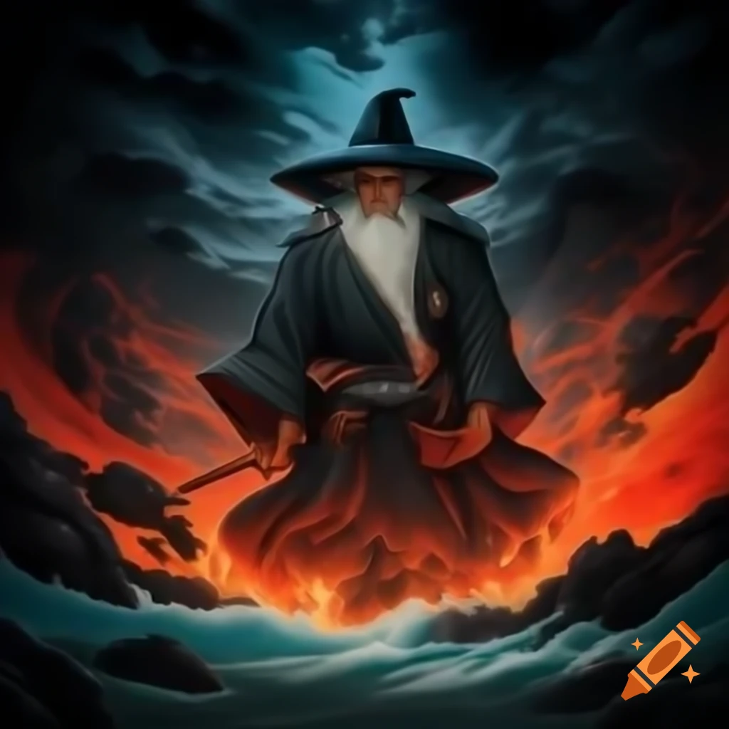 Ukiyo-e illustration of Gandalf surfing on lava with dramatic anime lighting