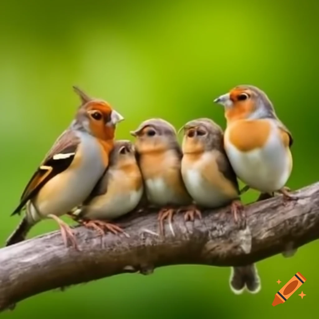 Five sparrows, including three baby sparrows, perched on a tree branch