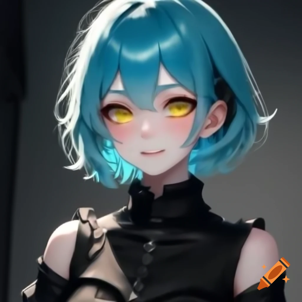 Anime goth girl with cyan hair and yellow eyes in a black outfit